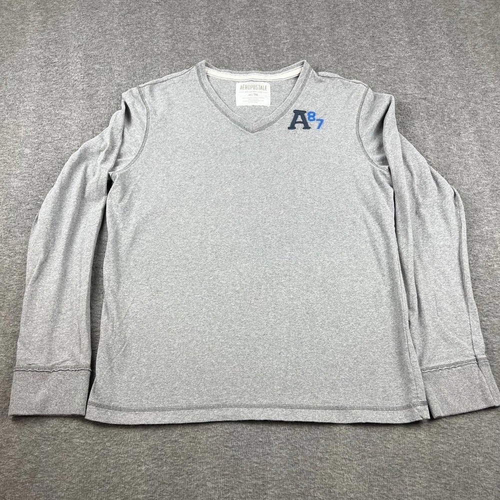 Aeropostale Men's XL Long Sleeve V-Neck T-Shirt Gray A87 Logo